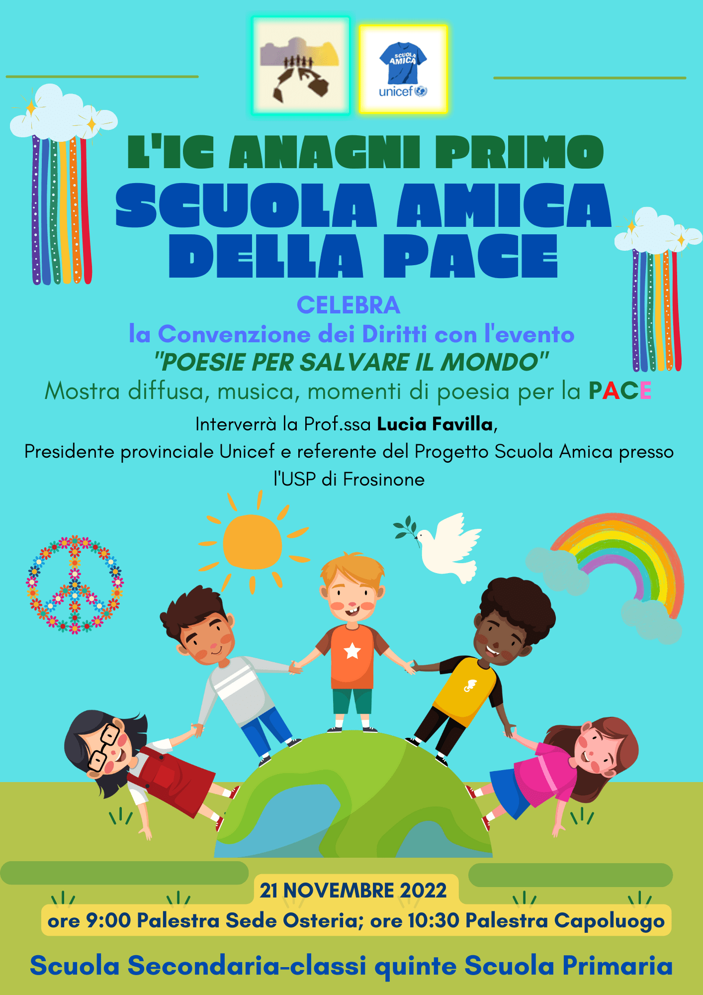 Anagni Primo, scuola amica della pace: evento per la promozione della pace e dei diritti dei bambini, 21 novembre.